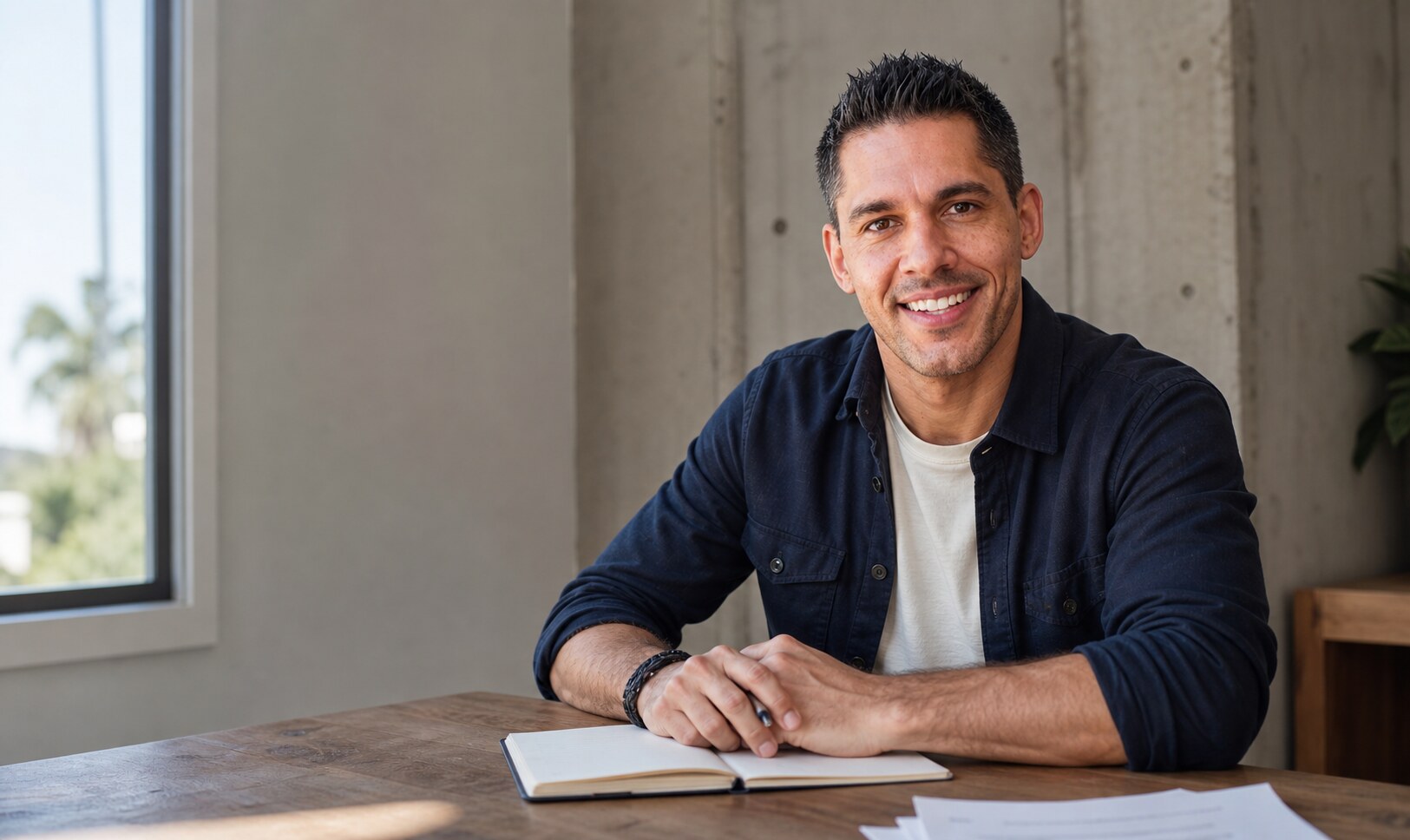 Wes Lemos smiling at a worktable in a sunlit office