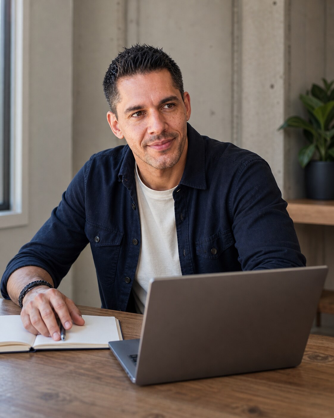 Wes Lemos reviewing work at a laptop and notebook